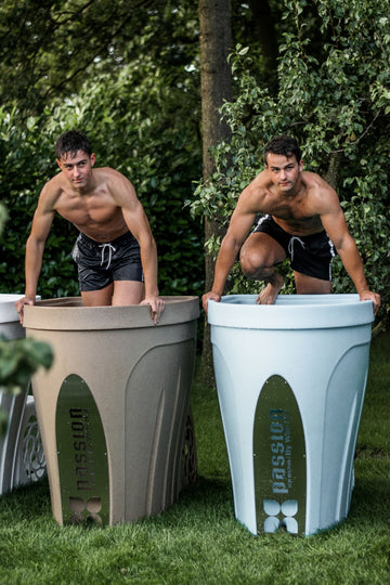 Two men have found an ice bath near me from Passion Ice Baths.